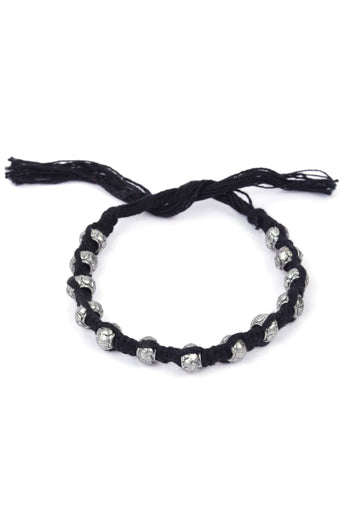Set Of 2: Aiza Black Thread & Antique Plated Brass Beaded Anklets